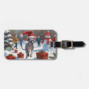 Sphynx Cat Running in Snow with Christmas Hat Luggage Tag