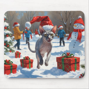 Sphynx Cat Running in Snow with Christmas Hat Mouse Mat