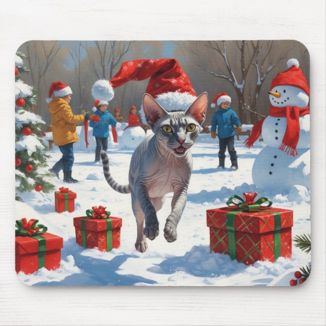 Sphynx Cat Running in Snow with Christmas Hat Mouse Mat (Front)
