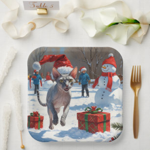 Sphynx Cat Running in Snow with Christmas Hat Paper Plate