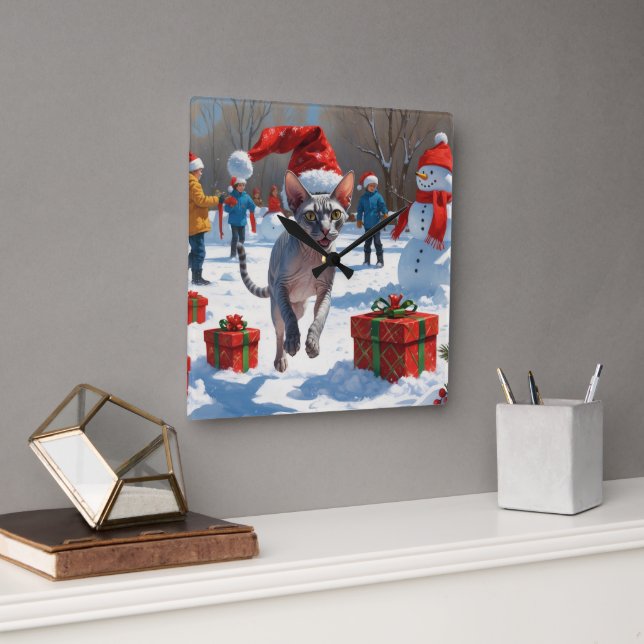 Sphynx Cat Running in Snow with Christmas Hat Square Wall Clock (Office)