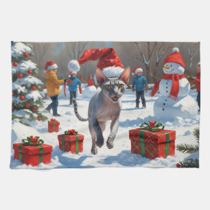 Sphynx Cat Running in Snow with Christmas Hat Tea Towel