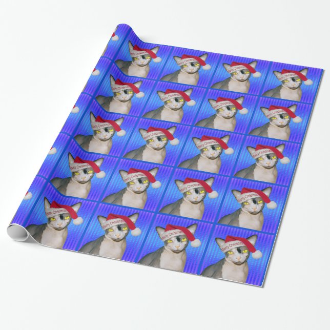 Sphynx Cat Santa Blue Christmas Wrapping Paper (Unrolled)