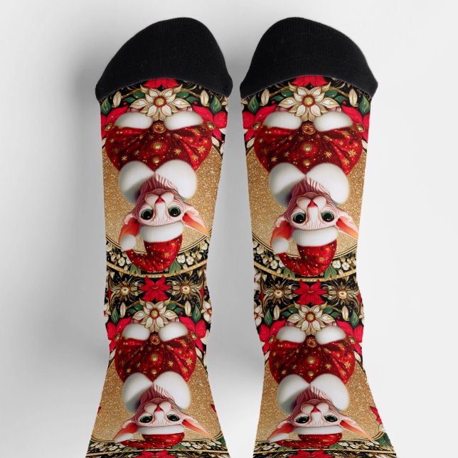 Sphynx Cat Santa Elf Xmas Crew Socks (Top)