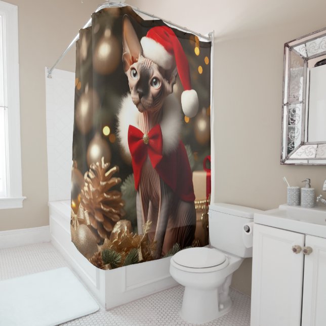 Sphynx Cat Santa Hat Christmas  Shower Curtain (In Situ)