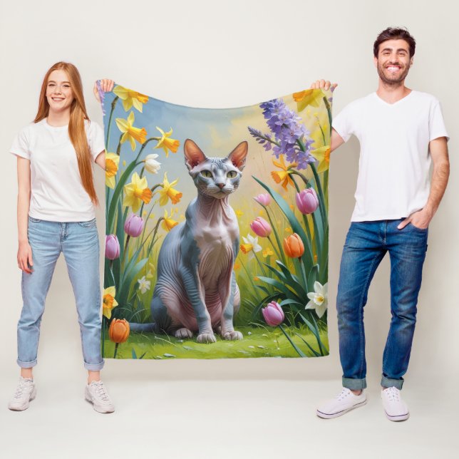 Sphynx Cat Spring Flowers Painting Fleece Blanket (In Situ)