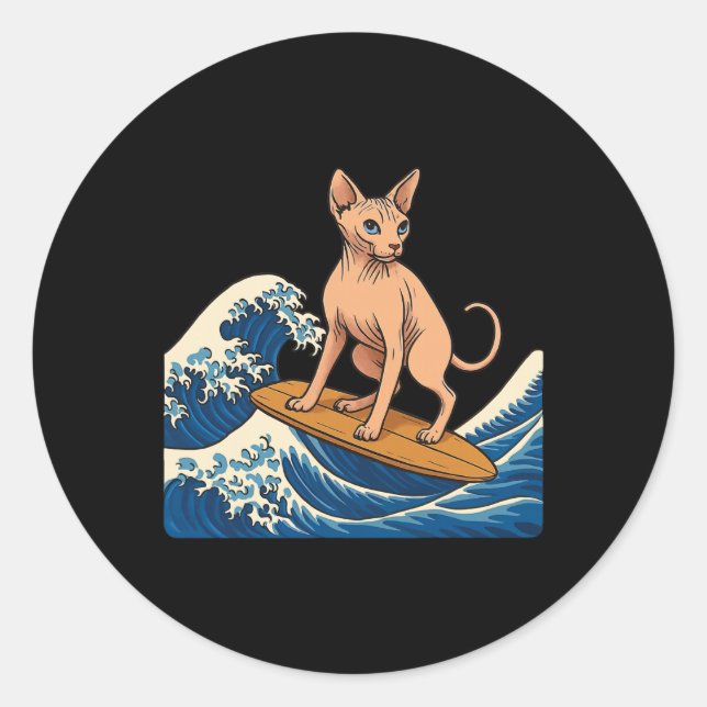 Sphynx Cat Surfing Japanese Wave  Classic Round Sticker (Front)