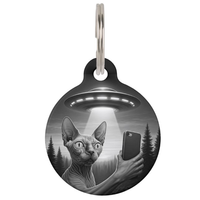 Sphynx Cat UFO Selfie Personalised Pet ID Tag  (Front)