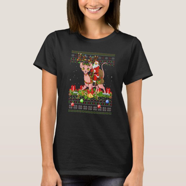 Sphynx Cat  Ugly Santa Riding Sphynx Cat Christmas T-Shirt (Front)