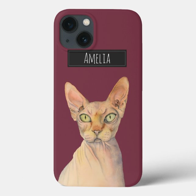 Sphynx Cat Watercolor Portrait with Name Case-Mate iPhone Case (Back)