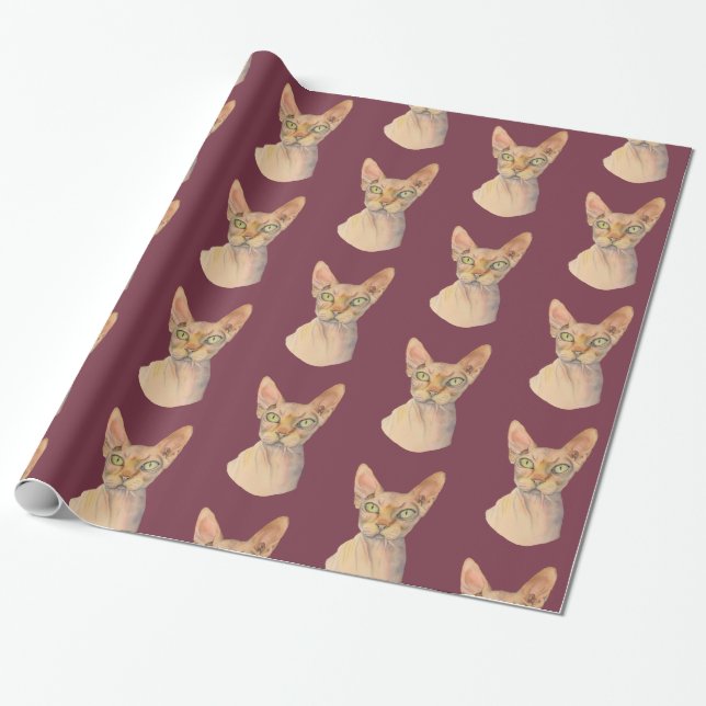 Sphynx Cat Watercolor Portrait Wrapping Paper (Unrolled)