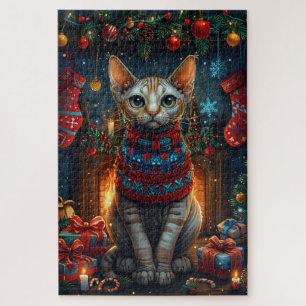 Sphynx Cat With Christmas Gifts Fireplace Jigsaw Puzzle
