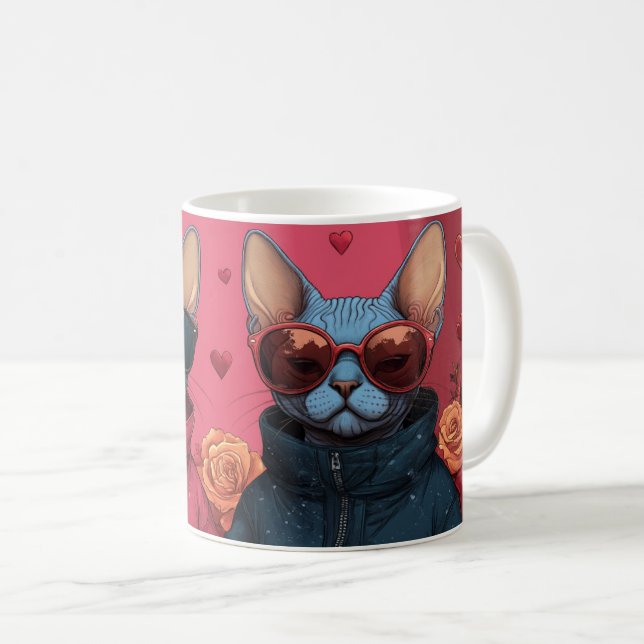 Sphynx Cat with Heart Roses Valentine's Day Coffee Mug (Front Right)