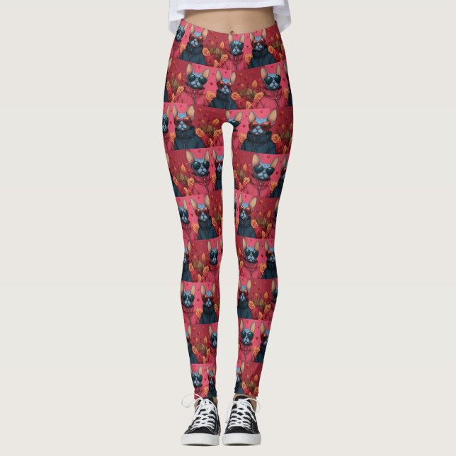 Sphynx Cat with Heart Roses Valentine's Day Leggings (Front)