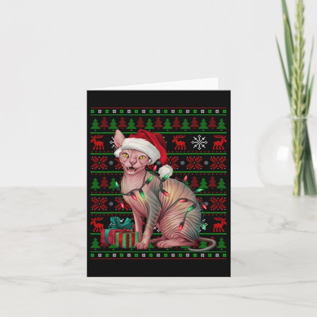 Sphynx Cat Xmas Lights Ugly Santa Hat Sphynx Cat C Card (Front)