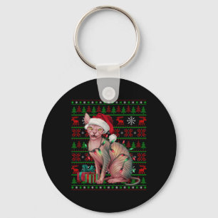 Sphynx Cat Xmas Lights Ugly Santa Hat Sphynx Cat C Key Ring