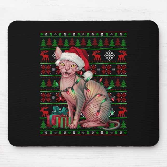 Sphynx Cat Xmas Lights Ugly Santa Hat Sphynx Cat C Mouse Mat (Front)