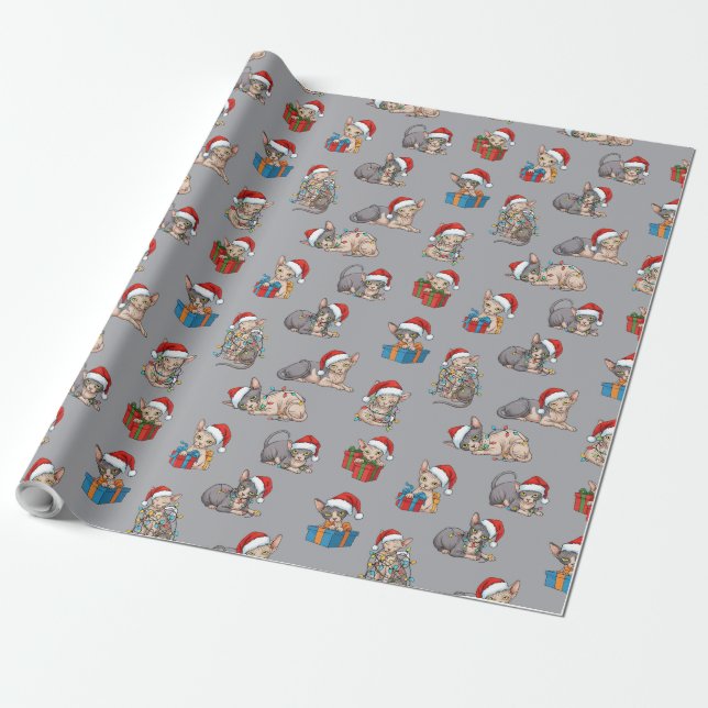 Sphynx Cats Christmas Pattern Silver Gift  Wrapping Paper (Unrolled)
