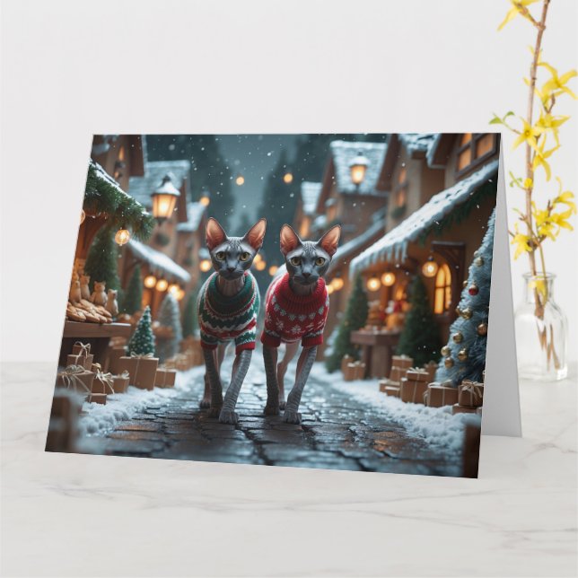 Sphynx Cats Christmas Snow Holiday Card (Yellow Flower)