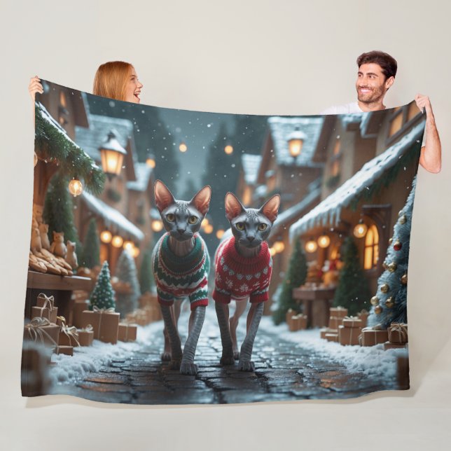 Sphynx Cats Christmas Snow Holiday Fleece Blanket (In Situ)