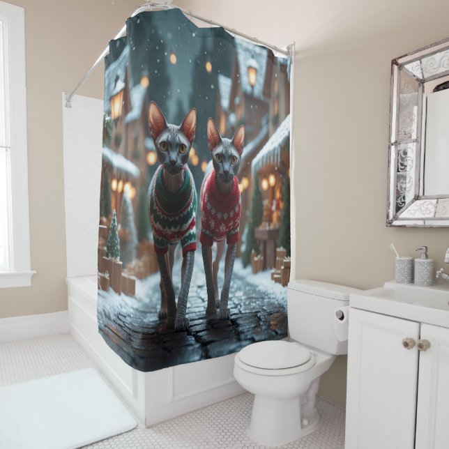 Sphynx Cats Christmas Snow Holiday Shower Curtain (In Situ)