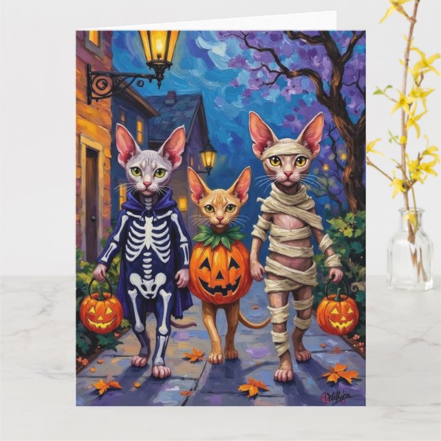 Sphynx Cats Trick-or-Treating in Halloween Costume Card (Yellow Flower)