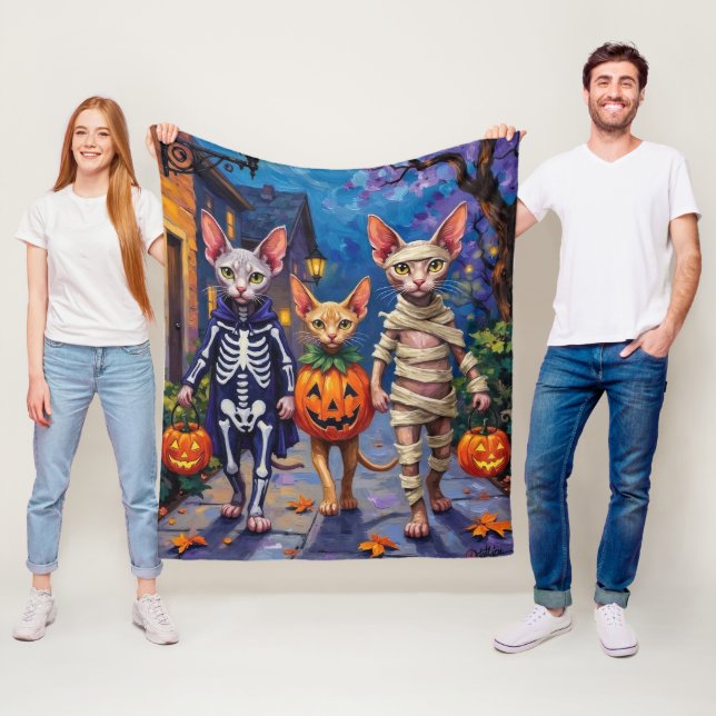 Sphynx Cats Trick-or-Treating in Halloween Costume Fleece Blanket (In Situ)