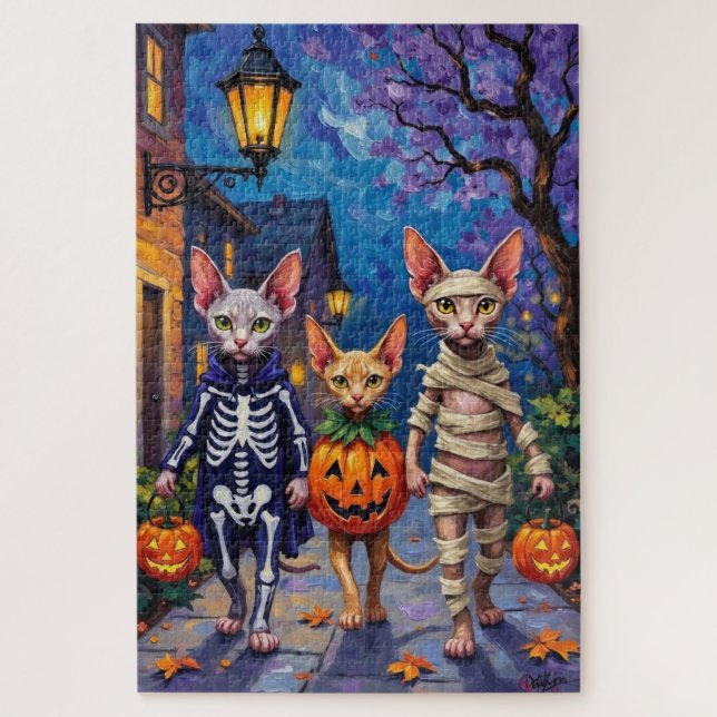 Sphynx Cats Trick-or-Treating in Halloween Costume Jigsaw Puzzle (Vertical)