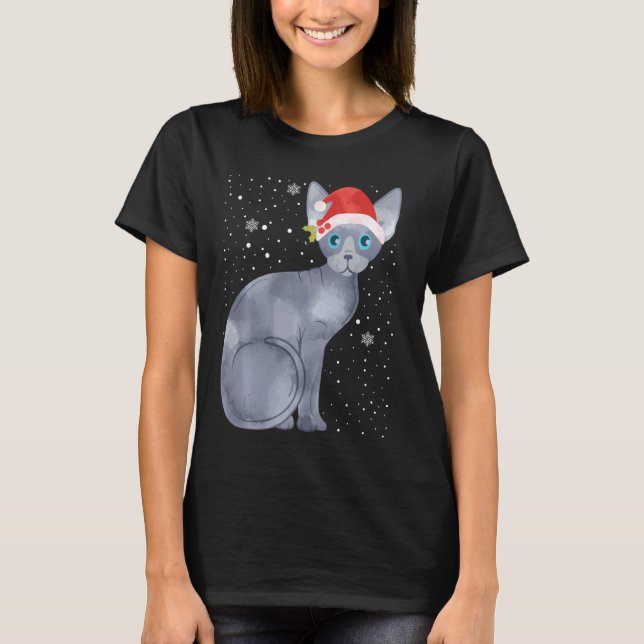 Sphynx Christmas Cat Santa Hat Xmas Kittens Lovers T-Shirt (Front)