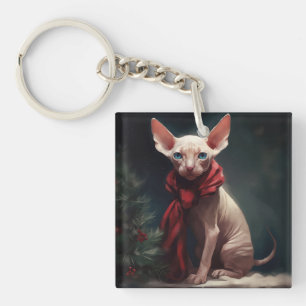Sphynx Dog in Snow Christmas Key Ring