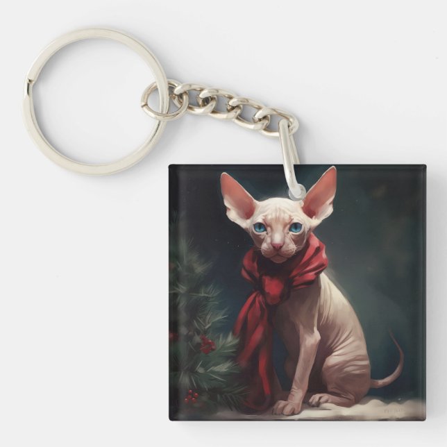 Sphynx Dog in Snow Christmas Key Ring (Front)