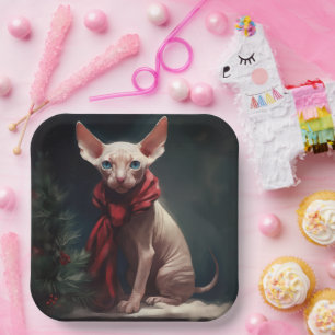 Sphynx Dog in Snow Christmas Paper Plate