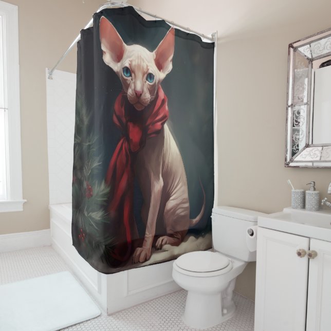 Sphynx Dog in Snow Christmas Shower Curtain (In Situ)
