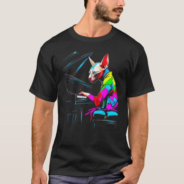 Sphynx Hairless Cat Pianist T-Shirt (Front)