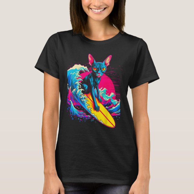 Sphynx Hairless Cat Surfing T-Shirt (Front)