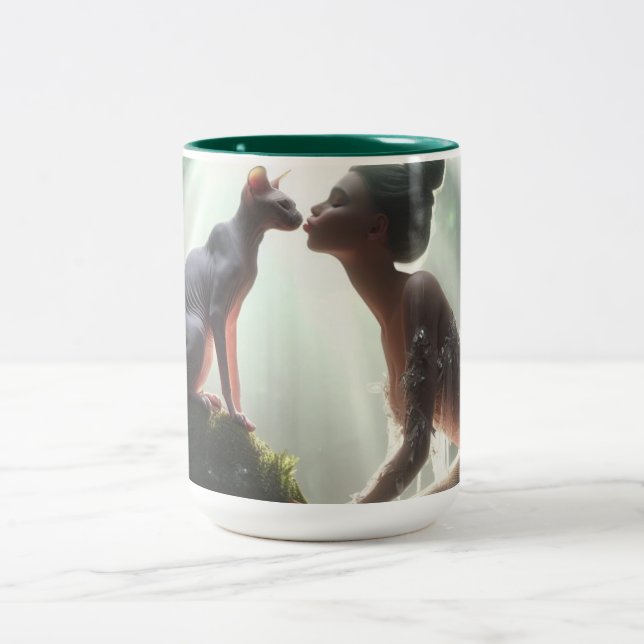 Sphynx Kissing Mermaid  Two-Tone Coffee Mug (Center)