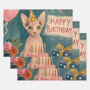 Sphynx Kitten Fun Birthday Party Watercolor Cat Wrapping Paper Sheet