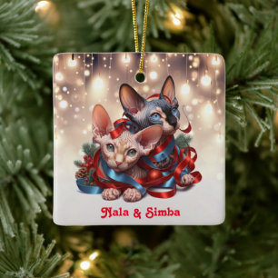 Sphynx Kittens Christmas  Ceramic Ornament