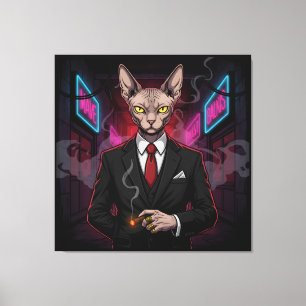 Sphynx Mafia Cat in Neon Noir Style Canvas Print
