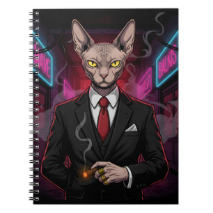 Sphynx Mafia Cat in Neon Noir Style Notebook
