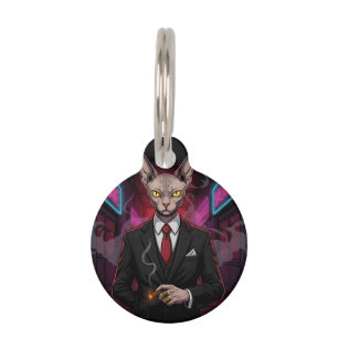 Sphynx Mafia Cat in Neon Noir Style Pet Tag