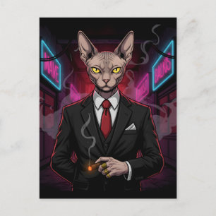 Sphynx Mafia Cat in Neon Noir Style Postcard