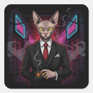 Sphynx Mafia Cat in Neon Noir Style Square Sticker
