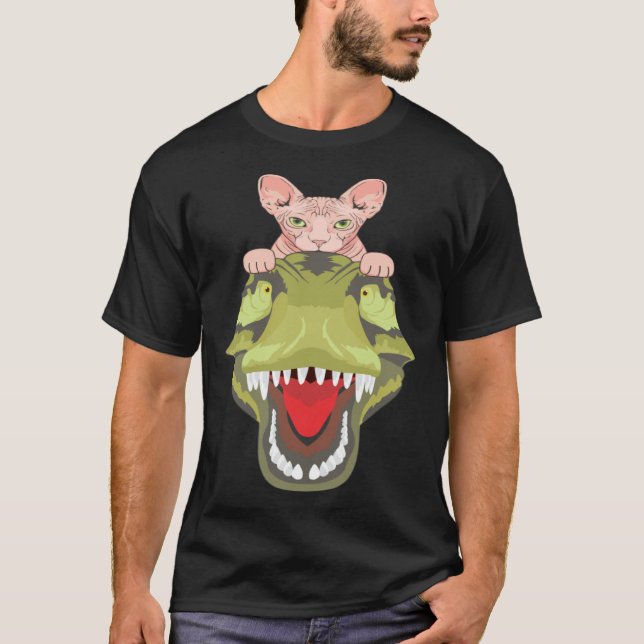Sphynx Riding A T-Rex Dinosaur Hairless Cat Lover T-Shirt (Front)