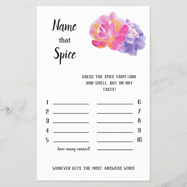 "Spice It Up: Name That Spice Bridal Shower Game" Flyer (Front)