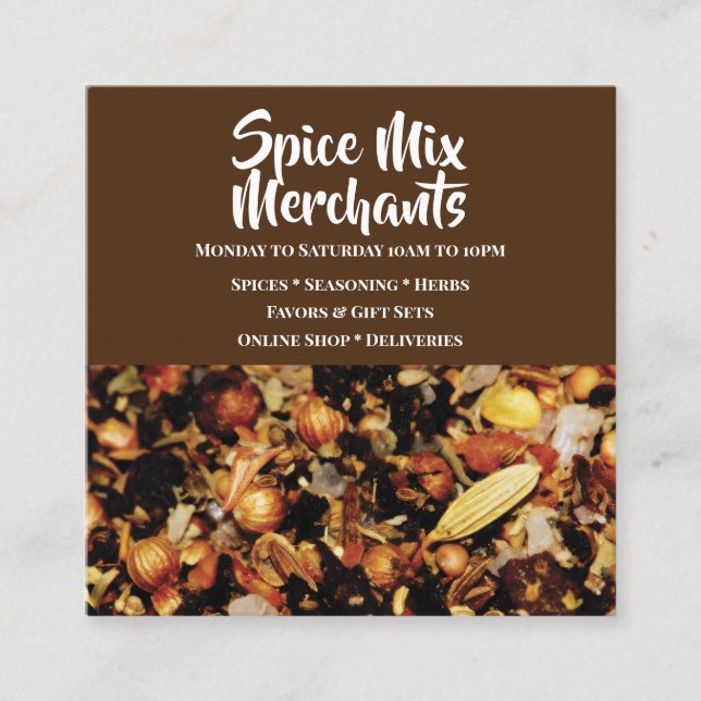 Spice mix photograph brown white modern chic square business card (Front)