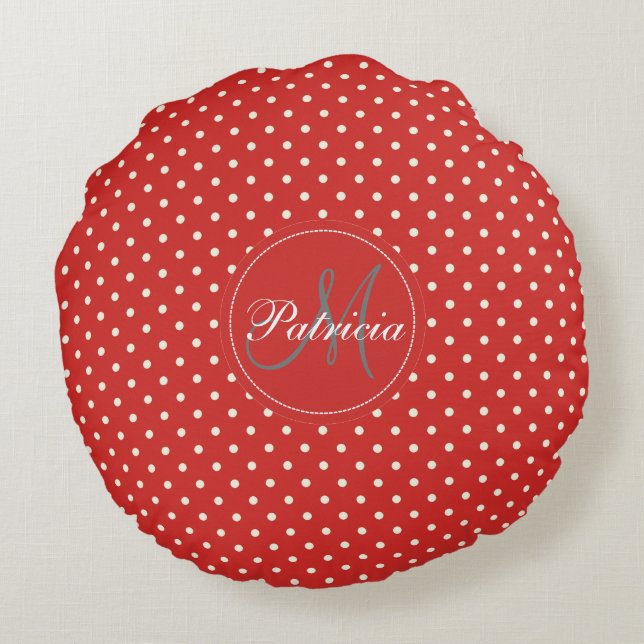 Spice up Your Space: Custom Tomato Red & White Dot Round Cushion (Back)
