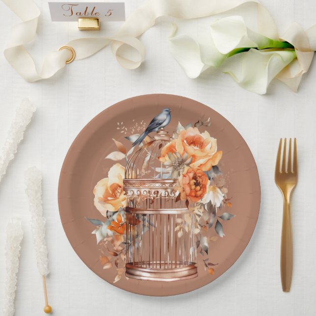 Spiced Cider Orange Gold Blue Birdcage Paper Plate (Wedding)