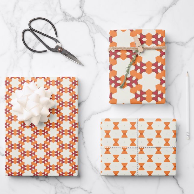 Spiced Mosaic Orange Red and Cream Wrapping Paper Sheet (Front)