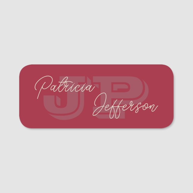 Spicy Dark Red Handwritten Calligraphy Monogrammed Name Tag (Front)